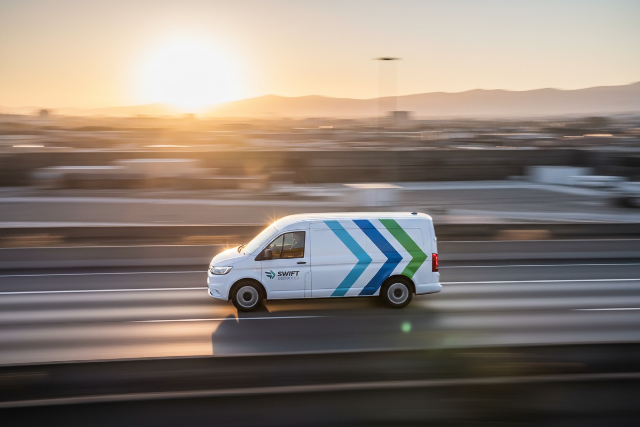 Biały samochód dostawczy z logo Swift Logistics jedzie autostradą podczas zachodu słońca.